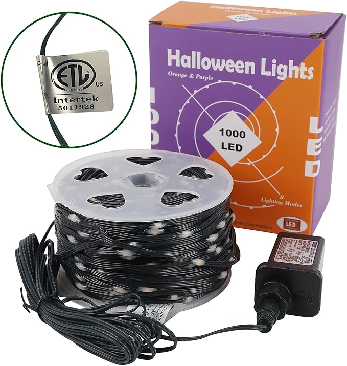 WATERGLIDE Extra Long 328FT Halloween Lights, 1000 LED Outdoor Fairy String Lights, Green PVC Copper Wire Christmas Light, Plug in 8 Modes & Waterproof for Tree Party Home Yard Decor, Orange&Purple