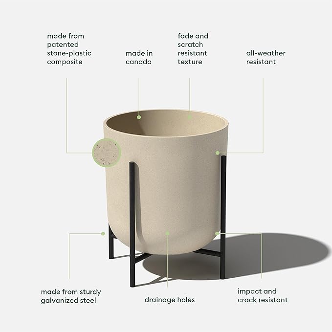 Veradek Mason Series Raised Lima Planter - Round Planter for Patio/Balcony | Plastic-Stone Composite w/Metal Plant Stand | Modern Décor for Plants