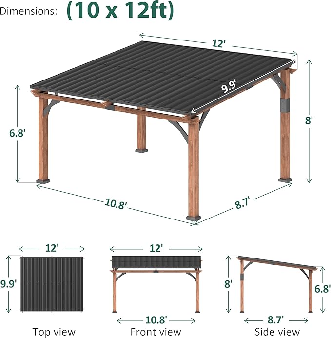 Macrout 10'x12' Outdoor Gazebo, Heavy Duty Pergola with Sloped Metal Roof and Aluminum Frame, Permanent Gazebos for Patio, Decks, Backyard, Garden, 4718 (10'x12')