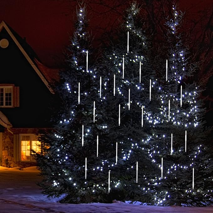 LJLNION Meteor Shower Icicle Lights, 12 Inch Outdoor Snow Falling Raindrop Lights, 8 Tubes 288 LED Xmas Wedding Party Tree Holiday Decor, White