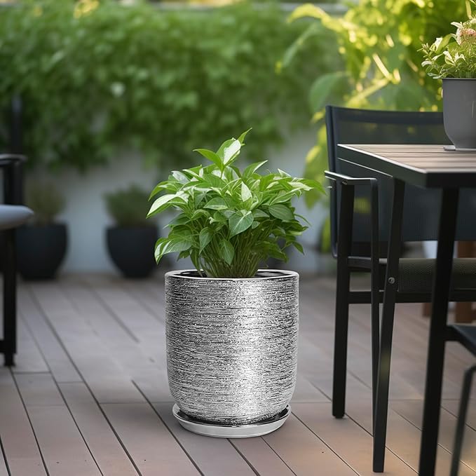 10 Inch Plant Pot - Ceramic Planter for Indoor Outdoor Flowers, Cylinder Modern Flower Pot with Drainage Hole and Saucer, Gifts for Plants Lovers, Home Garden Office House Decor, Silver