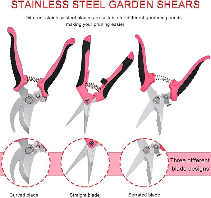 Pruning Shears Gardening Scissors Tools: 3pcs Outdoors&Indoor Garden Clippers, Rose Snips, Plant Clippers, Wood Pruner, Gardener Work Accessories for Flower Arrangement, Yard Landscaping (Pink)