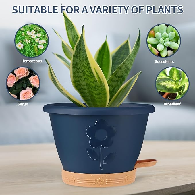 Plastic Plant Pots 10 Inch Set of 4, Self Watering Pots with Drainage Holes, Saucer & Reservoir, Flower Pots for Indoor/Outdoor Plants, Decorative Nursery Planting Pots (Blue)