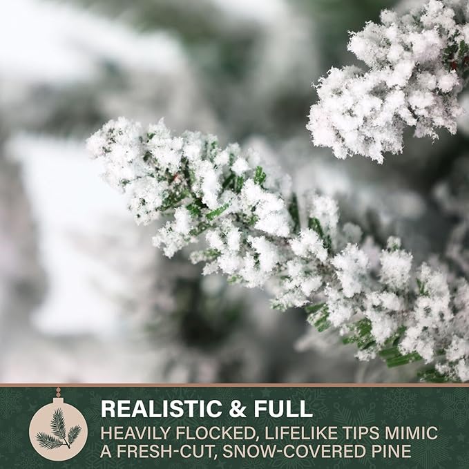 Fraser Hill Farm 7.5-Ft Slim Mountain Pine Flocked Artificial Christmas Tree with Dual Multicolor & White LED Lights & Stand, Prelit Skinny Fake Tree with Realistic Snowy Foliage, Home Holiday Décor