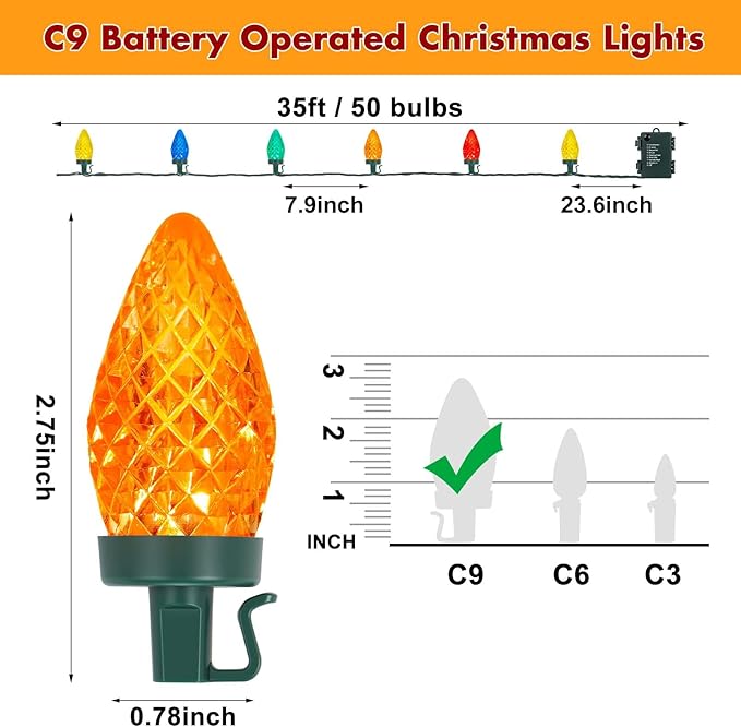 Brightever C9 Christmas String Lights, 35FT 50LED Battery Operated Outdoor Christmas Lights with Timer & 8 Lighting Modes, Waterproof Strawberry Light for Indoor Outdoor Xmas Decor, Multicolor, 1-Pack