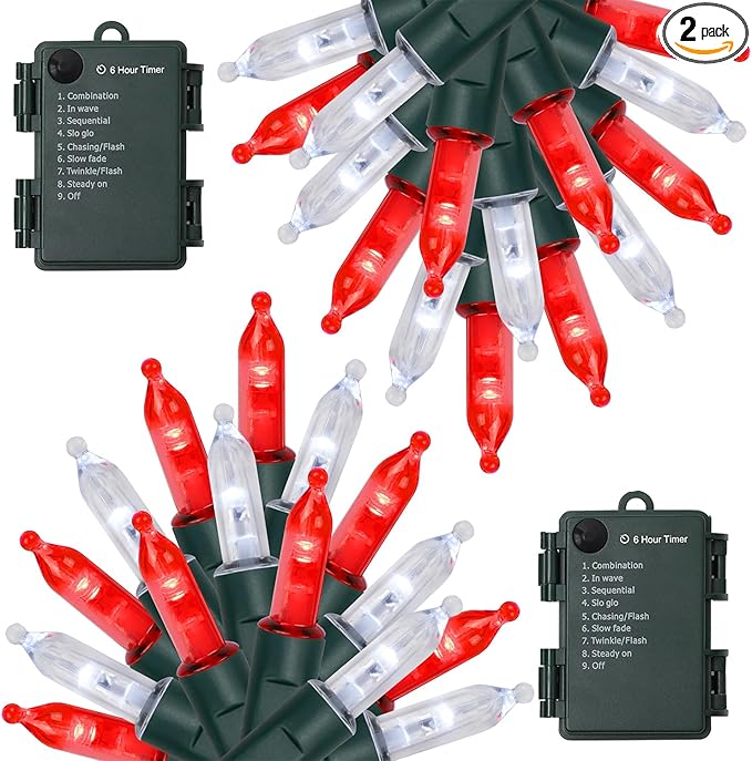 WATERGLIDE 2 Pack 50 LED Outdoor Christmas Lights, 16FT Battery Operated Mini String Lights with 8 Modes & Timer, Xmas Tree Lights Waterproof for Patio Garden Party Wedding Holiday Decor, Red & White