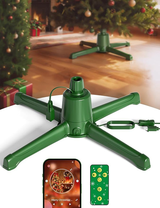 COOLWUFAN Musical Rotating Christmas Tree Stand with Remote Control, Built-in Electrical Outlets Xmas Tree for Up to 9ft Artificial Trees, Stable 360 Degree Spinning Tree Base Holder
