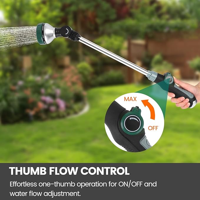 Watering Wand for Garden Hose, 24 Inch, 8 Spray Patterns, Garden Hose Nozzle with Thumb Flow Control, Adjustable Water Sprayer with Pivoting Head, Ideal for Hanging Baskets and Shrubs