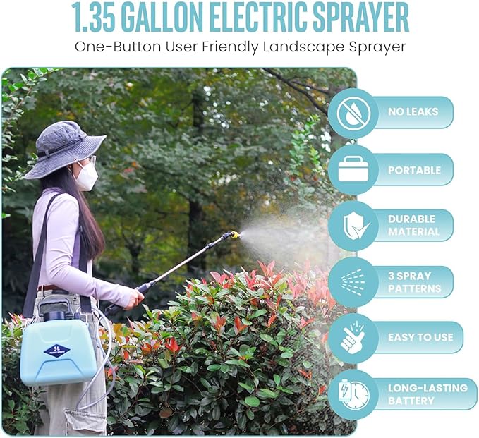2025 Upgraded Electric Garden Sprayer | 5L/1.35Gal Battery-Powered Sprayer w/ 3 Nozzles, Leak-Proof Design & Adjustable Strap | Type-C Rechargeable for Lawn, Garden, Yard (Light Blue)