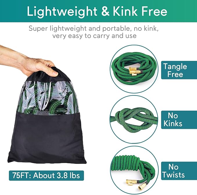75 FT Expandable Garden Hose, 2025 New Flexible Water Hose 75FT with Leakproof Solid Brass Fittings, Reinforced Extra Strong Outer Fabric & Durable 3-layer Latex Core, Ultra Lightweight, No Kink