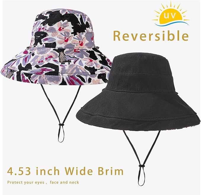 vidsel Womens Sun Hats Wide Brim Reversible Bucket Cotton Hat Packable Summer Travel Cap with Hat Clip,UV Protection