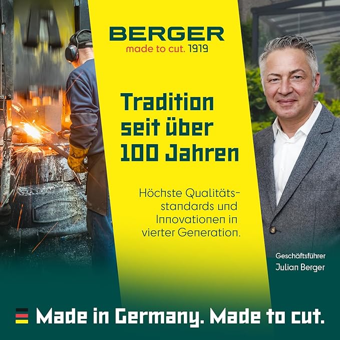 BERGER Professional Hedge Shear, Self-Sharpening 9.45" Steel Blades, Chrome-Plated Wavy Blades, 2 Sap Grooves to Prevent Sticking, Wood Handles, 4590