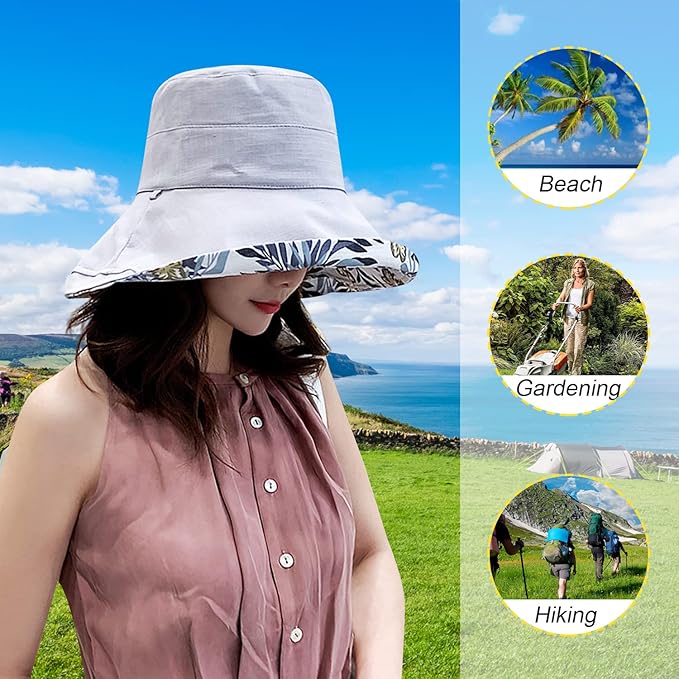 Women Wide Brim Sun Hats Metal Wired Edge Summer UV Protection Beach Fishing Hat for Hiking Garden Travel Chin Strap