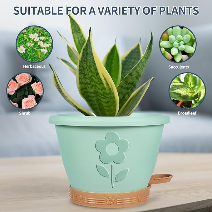 Plastic Plant Pots 10 Inch Set of 4, Self Watering Pots with Drainage Holes, Saucer & Reservoir, Flower Pots for Indoor/Outdoor Plants, Decorative Nursery Planting Pots (Green)