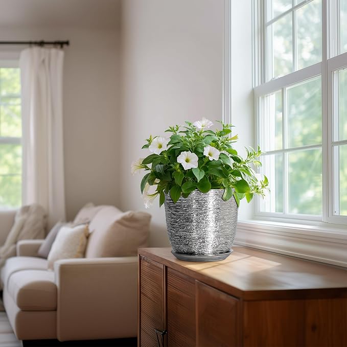 Ceramic Pots for Plants - 8 Inch Plant Pot with Drainage Hole and Saucer, Round Planters for Indoor Outdoor, Modern Planter, Decorative Flower Pots, Home Decor, House Warming Gifts, Silver