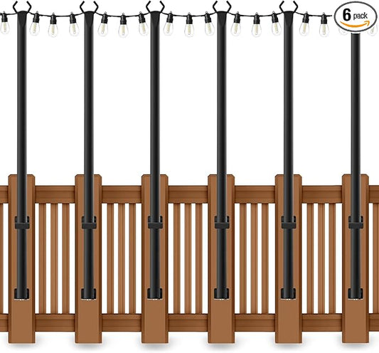 5 Ft String Light Poles, 6-Pack String Light Poles for Outside with Fixing Clips,Metal Poles for Outdoor String Lights, Hanging Light Poles for Deck Fence Garden Backyard Wall Bistro