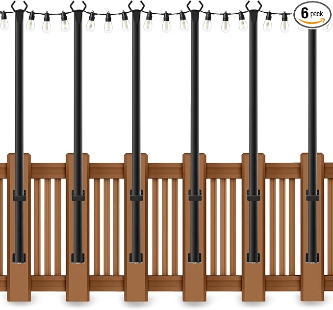 6-Pack 5 Ft String Light Poles, String Light Poles for Outside with Fixing Clips,Metal Poles for Outdoor String Lights, Hanging Light Poles for Deck Fence Garden Backyard Wall Bistro
