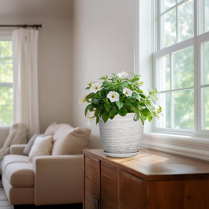 Ceramic Plant Pots - 8 Inch Plant Pot with Drainage Hole and Saucer, Round Flower Pots for Indoor Outdoor, Modern Planter, Decorative Planters, Home Apartment Decor, Gardening Gifts, Grey