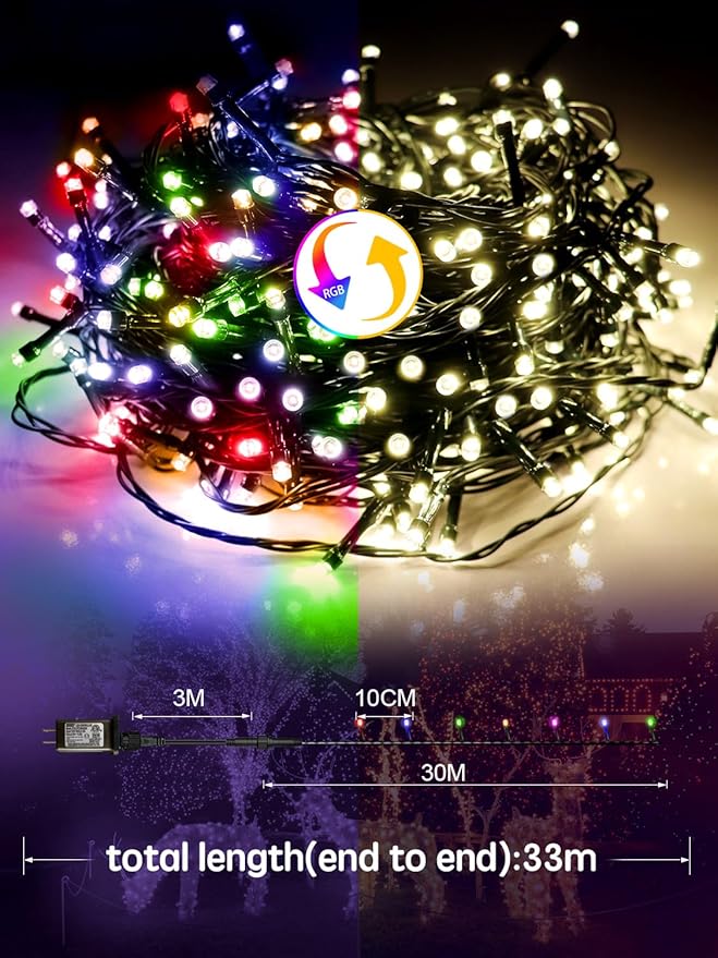 115FT Christmas Lights Warm White/Multicolor, 300 LED Color Changing String Lights Outdoor with Remote Control, 8 Modes Fairy Light Plug in Waterproof for Bedroom Party Christmas Tree Wedding
