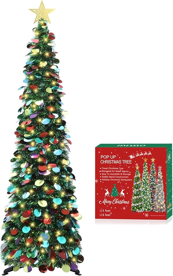 HMASYO 5 FT Pop Up Christmas Tree with Timer Lights, Green Christmas Tinsel Tree, Collapsible Artificial Pencil Christmas Tree for Indoor Home Apartment Porch Holiday Party Decorations