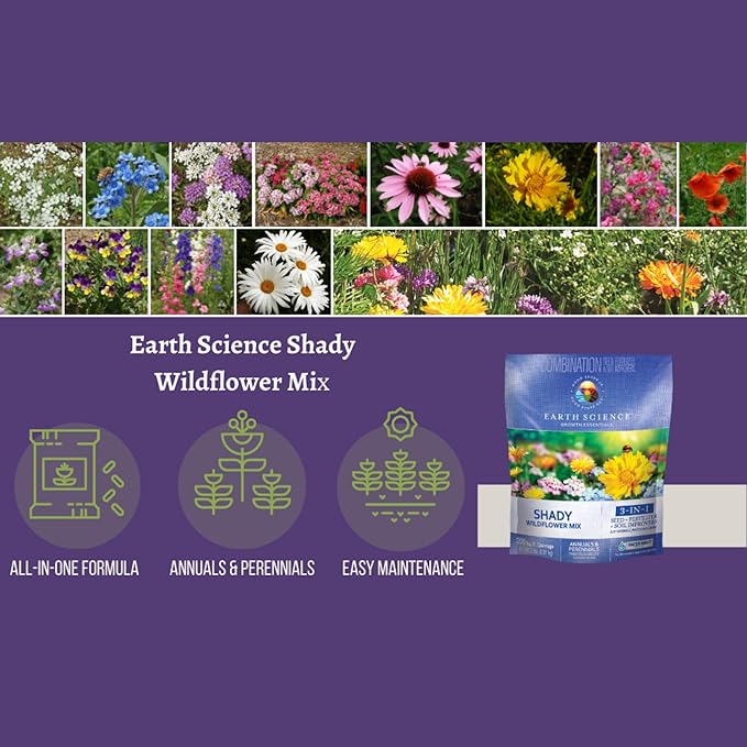 Earth Science Shady Wildflower Mix— 6 lb— 3-in-1 Formula with Premium Wildflower Seeds, Plant Food and Soil Conditioners - Non-GMO, Natural Ingredients