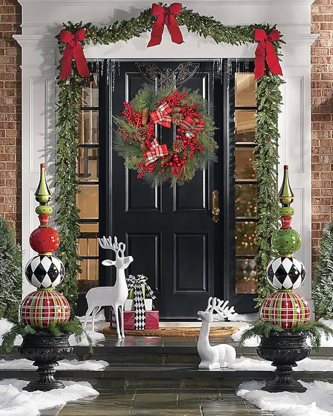 20 Inch Artificial Christmas Wreath with Red Berries, Pine Cones, Cedar Pine Needles, Bow Ties - Indoor/Outdoor Decoration for Front Door