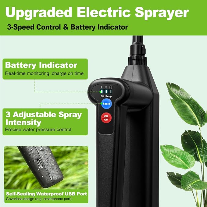 Battery Powered Sprayer 2 Gallon, 2025 New Electric Garden Sprayer with 3 Spray Force, Battery Indicator, Rechargeable Handle, 23.6" Telescopic Wand,4 Mist Nozzles,Shoulder Strap, for Lawn and Garden