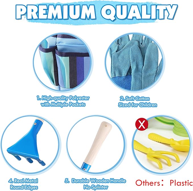 Kids Gardening Tools Set, Toddler Play Kit Child Outdoor Toy with Gloves, Watering Can, Metal Shovel, Rake, Spade & Storage Bag, Backyard Sand Digging Birthday for Boys Girls 3-5 (Blue)