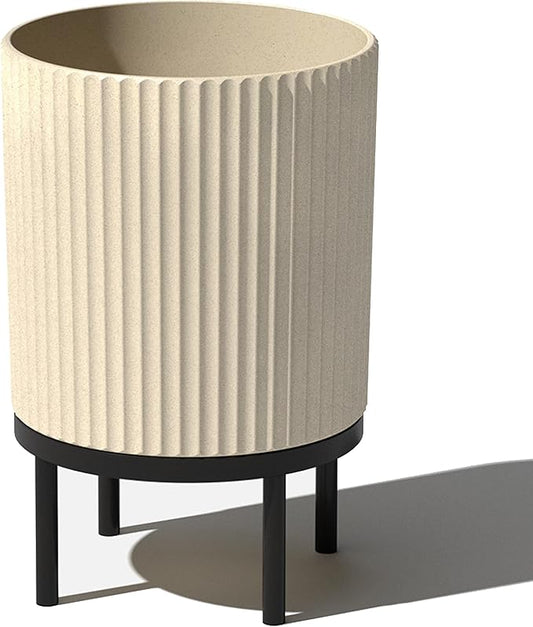 Veradek Demi Series Round Planter w/ Stand for Porch/Patio | Durable Plastic-Concrete & Wooden Stand | Modern Décor for Tall Plants, Flowers