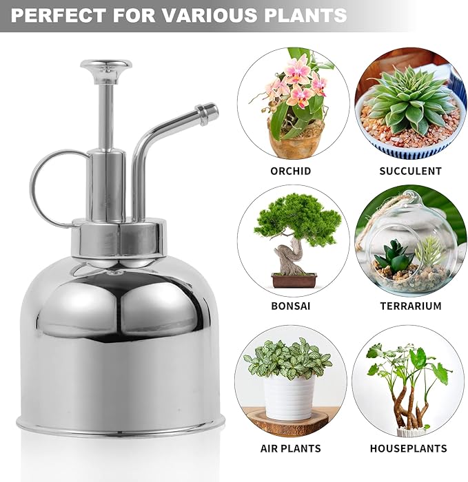 Plant Mister Spray Bottle, Metal Stainless Steel Plant Sprayer Mister, Small Watering Can Plant Spritzer with Top Pump for Indoor House Air Plants Succulents Outdoor Garden Decorative(Silver)