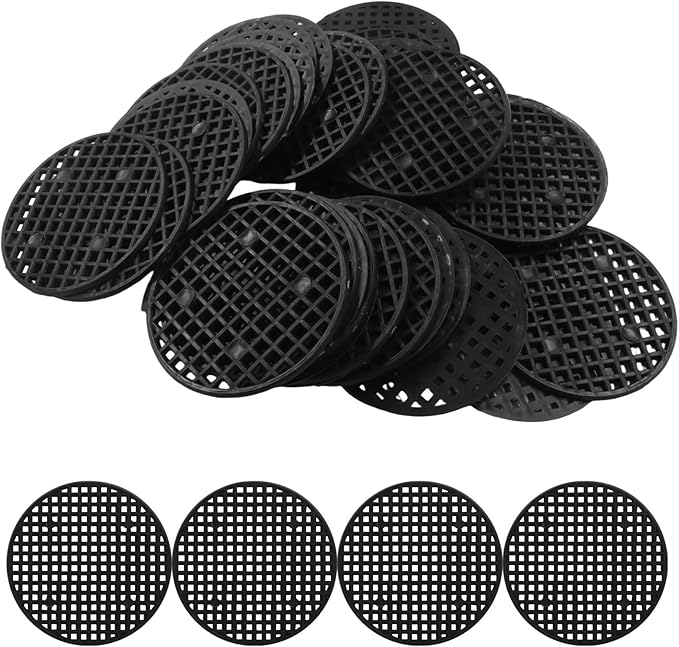 50pcs Plant Drainage Mesh Pads - 2.2 Inch Round Plastic Grid Mat, Breathable Soil Guard for Potted Plants, Bonsai (Black)