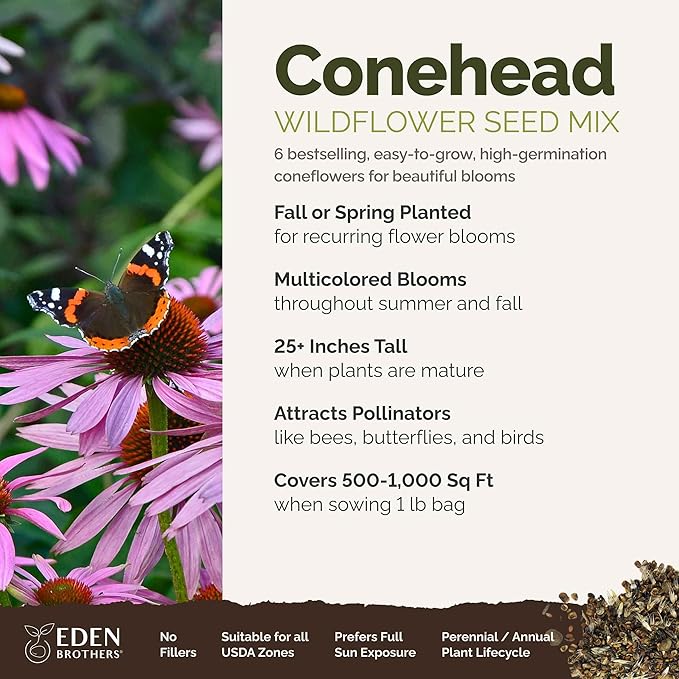 Eden Brothers Conehead Flower Mixed Seeds for Planting, 1 lb, 480,000+ Seeds with Prairie Coneflower, Mexican Hat | Attracts Pollinators, Plant in Spring or Fall, Zones 3, 4, 5, 6, 7, 8, 9, 10