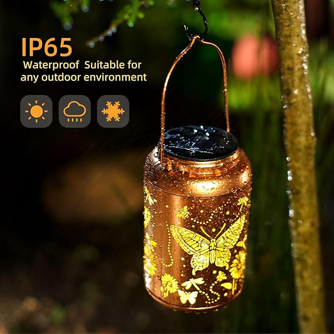 2Pack Butterfly Solar Lanterns Outdoor Waterproof Hanging Solar Lights Gifts for Women Metal LED Lantern Christmas Decorative Garden for Yard,Patio,Front Porch,Balcony,Outside, Birthday