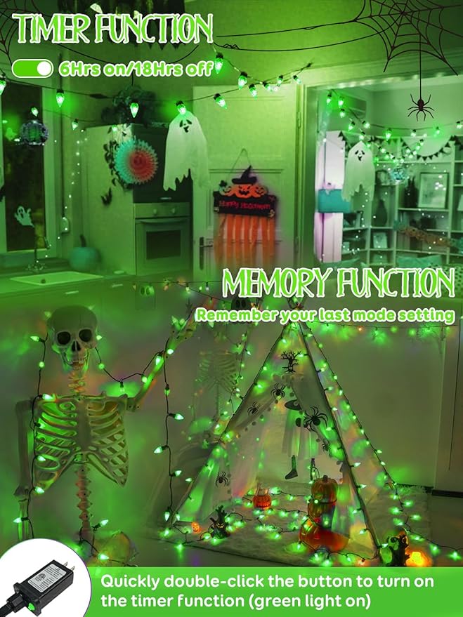 Upgraded 250LED C6 Connectable Halloween String Lights, 82FT Waterproof Green Lights for Outside, Fairy Twinkle Light Plug in with 13 Modes & Timer for Outdoor Indoor Party Tree Halloween Decorations