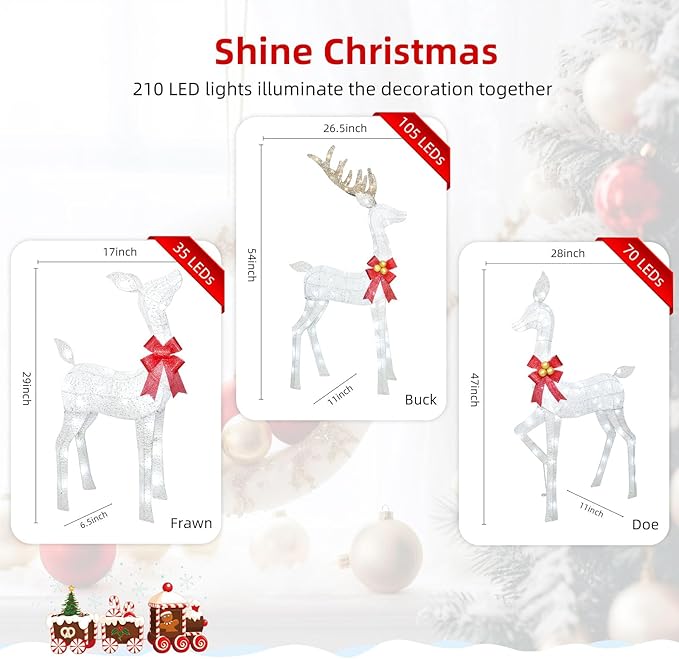 Lighted Christmas Decoration Deer 3 Piece, Light up Christmas Decor Reindeer Family Set for Indoor Outdoor Front Yard Porch with LED Lights, Plug, Ground Stakes - White