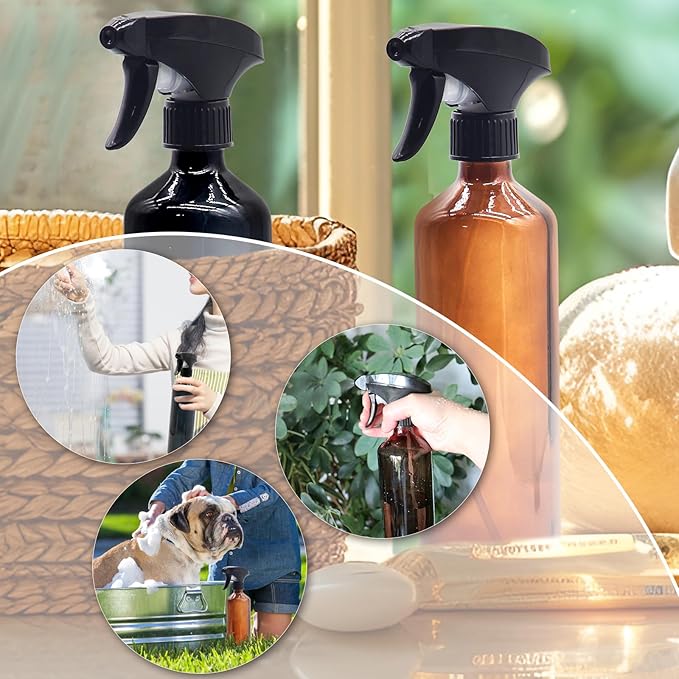OFFIDIX Glass Spray Bottles for Cleaning,16 OZ 2 Pack Continuous Empty Water Mister Spray Bottles for Hair,Plants Mister,Adjustable Nozzle,Amber and Black