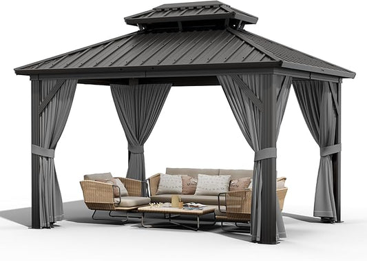 10X12 FT Outdoor Galvanised Steel Hardtop Gazebo, Heavy Duty Double Roof Outdoor Gazebo with Netting and Sunshade Curtains, Aluminium Framed Gazebo for Patio, Terrace, Lawn and Deck, Grey