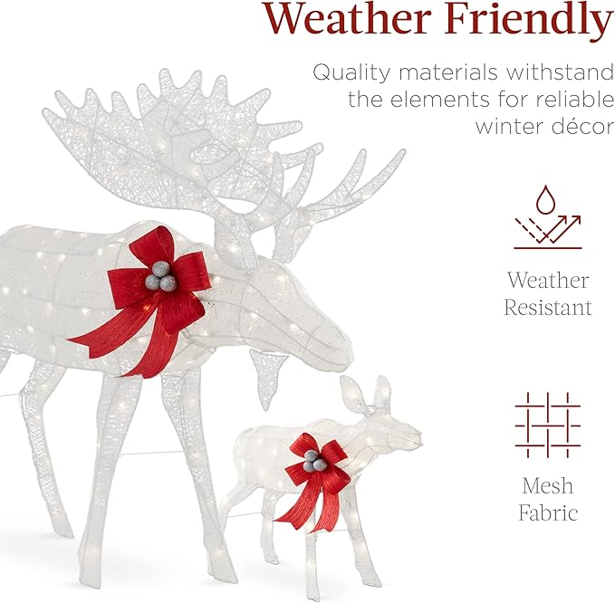 Best Choice Products 2-Piece Moose Family, Lighted Outdoor All-Weather Christmas Yard Decoration Light-Up Décor Set w/ 170 LED Lights, Ground Stakes, Zip Ties - White