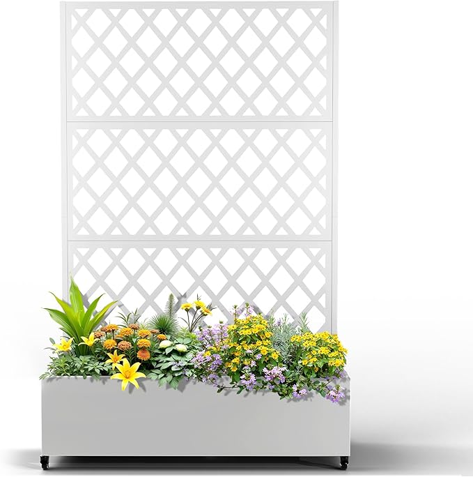 Metal Planter Box with Trellis, Planter Box with Privacy Screen, Privacy Trellis Outdoor for Climbing Plants with Drainage Holes, Raised Garden Bed with Wheels
