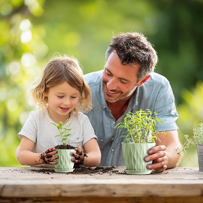7/6.5/6/5.5/5/4.5/4 inch Plant Pots for Indoor Outdoor Plants, 7 Pack Thick Flower Pots with Drainage Holes and Saucers, Modern Wave Texture Plastic Planter Pots for Nursery, Succulent, Green