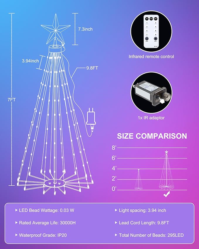 Christmas Cone Tree Light, 7ft 295 LED Light Show Christmas Tree with 8 Modes Timer Remote, Dimmable Artificial Christmas Tree for Porch Yard Patio Indoor Outdoor Xmas Holiday Decor, Multicolor