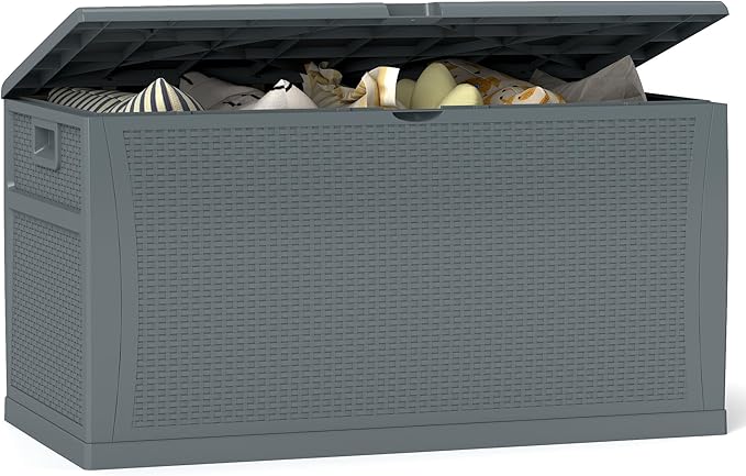 125 Gallon Resin Deck Box, Weatherproof Outdoor Storage Box for Patio, Garden, Pool, and Yard, Lockable Waterproof Bin for Tools, Cushions, and Accessories, Grey