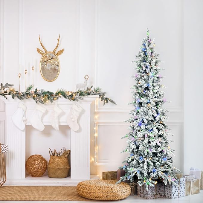 Fraser Hill Farm 7.5-Ft Slim Mountain Pine Flocked Artificial Christmas Tree with Dual Multicolor & White LED Lights & Stand, Prelit Skinny Fake Tree with Realistic Snowy Foliage, Home Holiday Décor