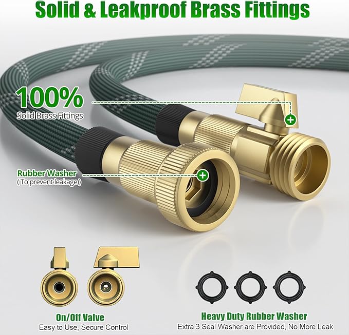 50 ft Garden Hose, 2025 Upgarded Flexible Water Hose 50ft With 10-Pattern Spray Nozzle, Kink-Free, Lightweight, Durable, Leak-Proof Solid Brass Fittings (DarkGreen)