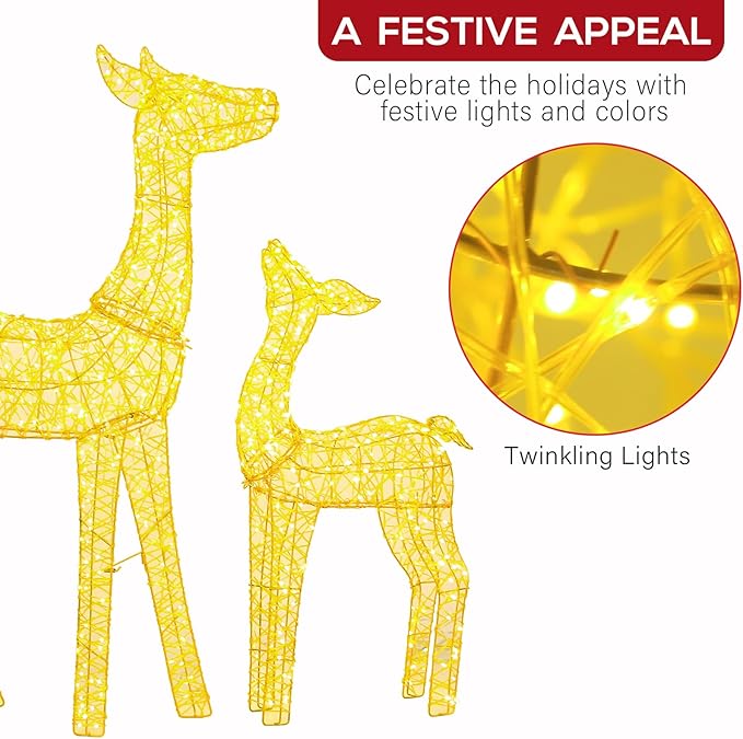 Hykolity 4.5 FT 3D Lighted Outdoor Christmas Reindeers Family, 3-Piece Light Up Twinkling Deer Set with 1660 Warm White LED Lights, Groud Stakes, Zip Ties for Holiday Decorations