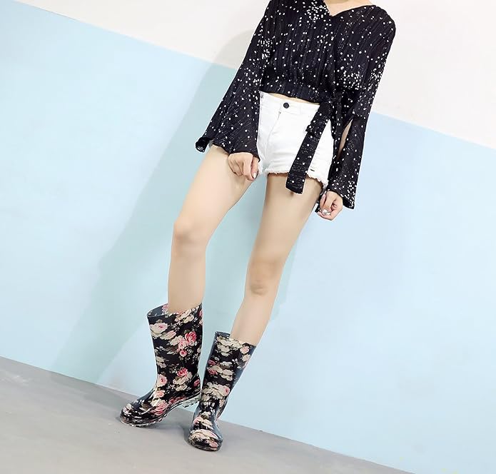 Womens Rain and Garden Boot Half Calf Rubber Rainboots Floral Printed Waterproof for Garden Women rain Footwear