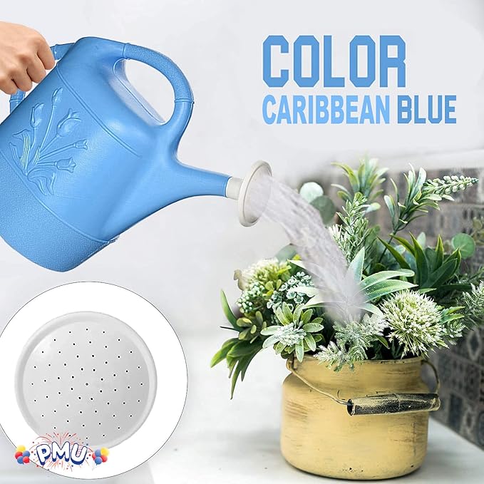 PMU 2 Gallon Watering Can - Garden Watering Can for Indoor & Outdoor Plants - Plastic Water Can with Detachable Sprinkler Head - Large Water Pot, Made in USA - Blue Pkg/3