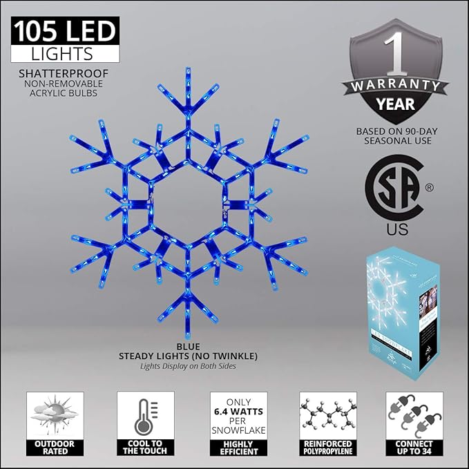 36" Blue LED Snowflake – Folding Lighted Snowflake Decoration for Outdoor Christmas Displays, Large Holiday Yard Decor