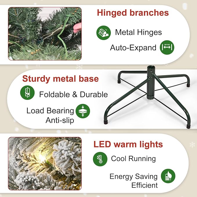 5 Ft Pre-Lit Snow Flocked Artificial Christmas Tree with 250 Warm LED Lights, Premium Holiday Xmas Tree with 518 Realistic Branch Tips, Metal Stand for Indoor Home/Office Decor (Easy Assembly)