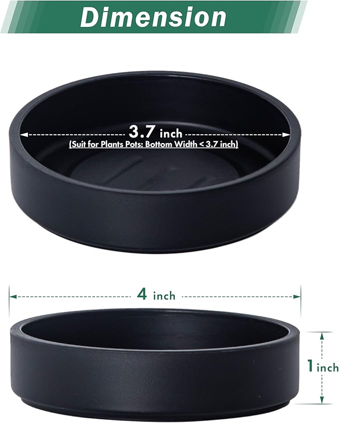 Phoenix Vine 4 Inch Plastic Plant Saucer Water Drip Tray, Heavy Sturdy Round Plant Drainage Tray for Indoors Outdoor, Set of 4, Matte Black, 21-TY-4B-4